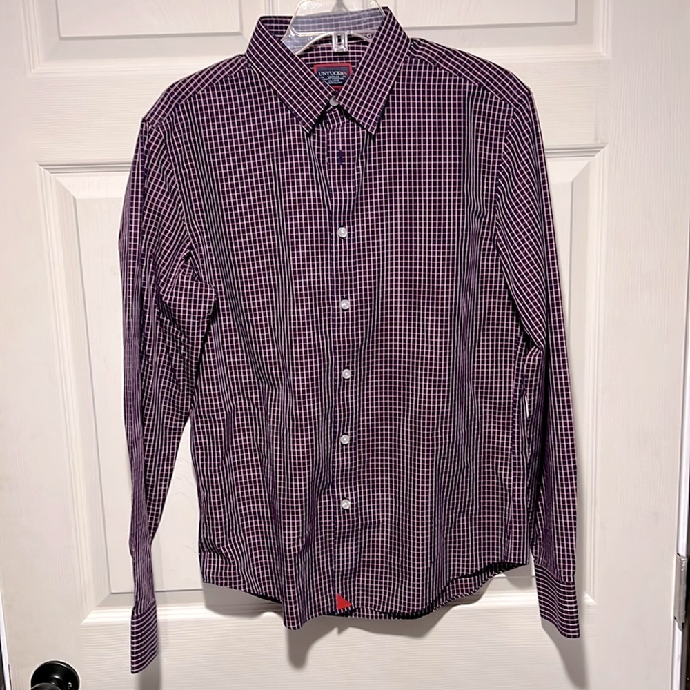 NWOT UNTUCKitWrinkle Free slim Blue PinkPlaid Long SleeveDRESS SHIRT NEVER WORN.